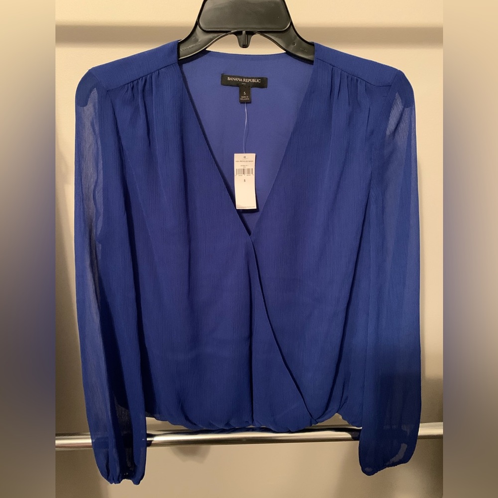 Blue chiffon faux wrap top